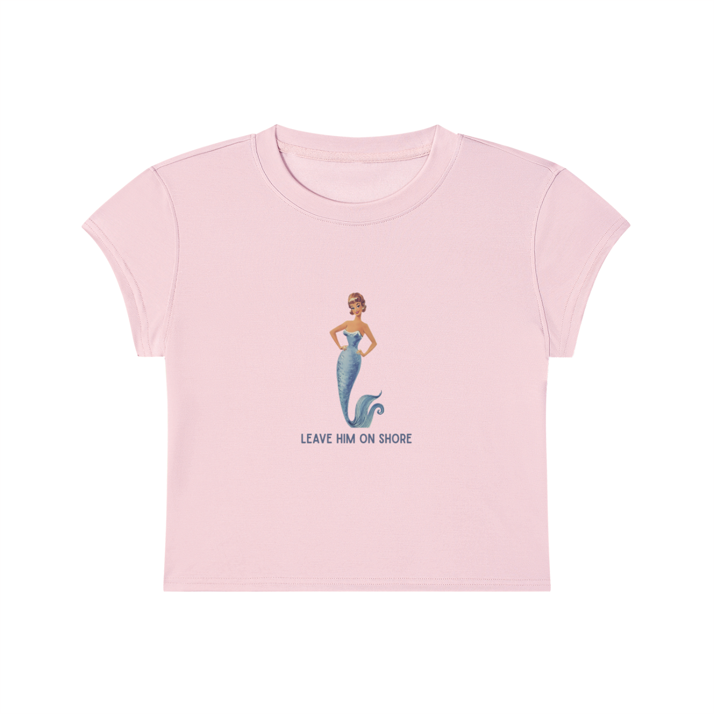 Pink t-shirt with mermaid graphic and text on a white background