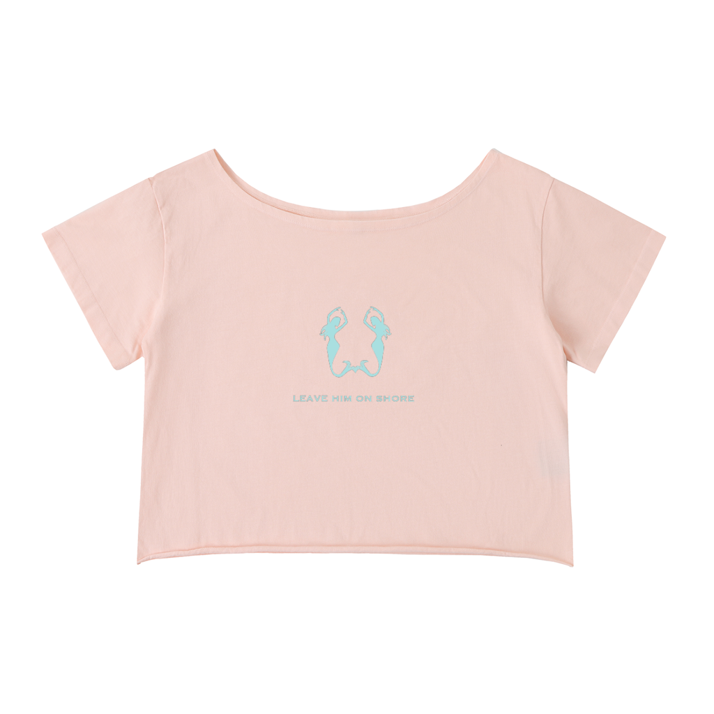“Leave Him On Shore” Off-Shoulder Rolled Hem Cotton T-Shirt