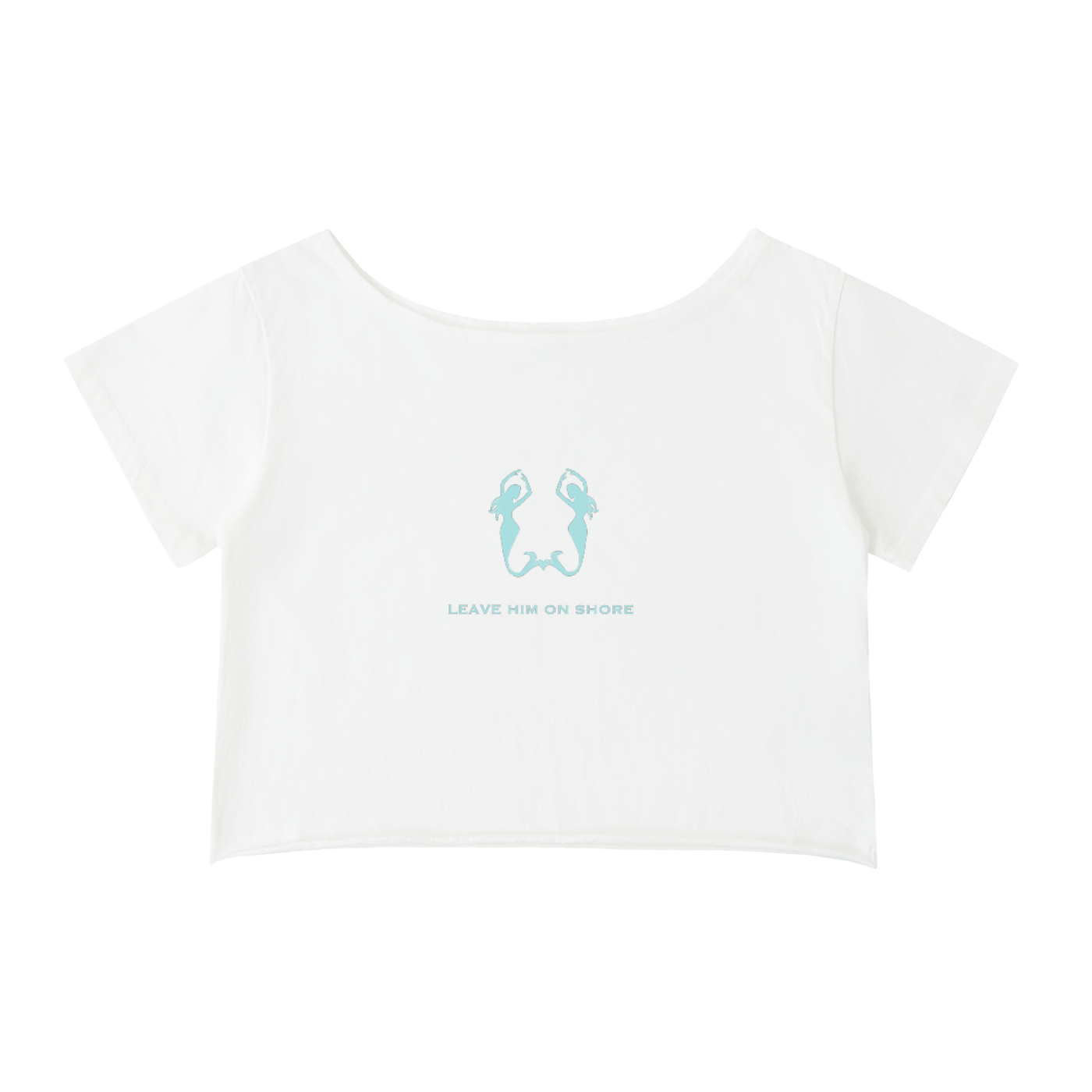 White t-shirt with blue graphic and text on a white background