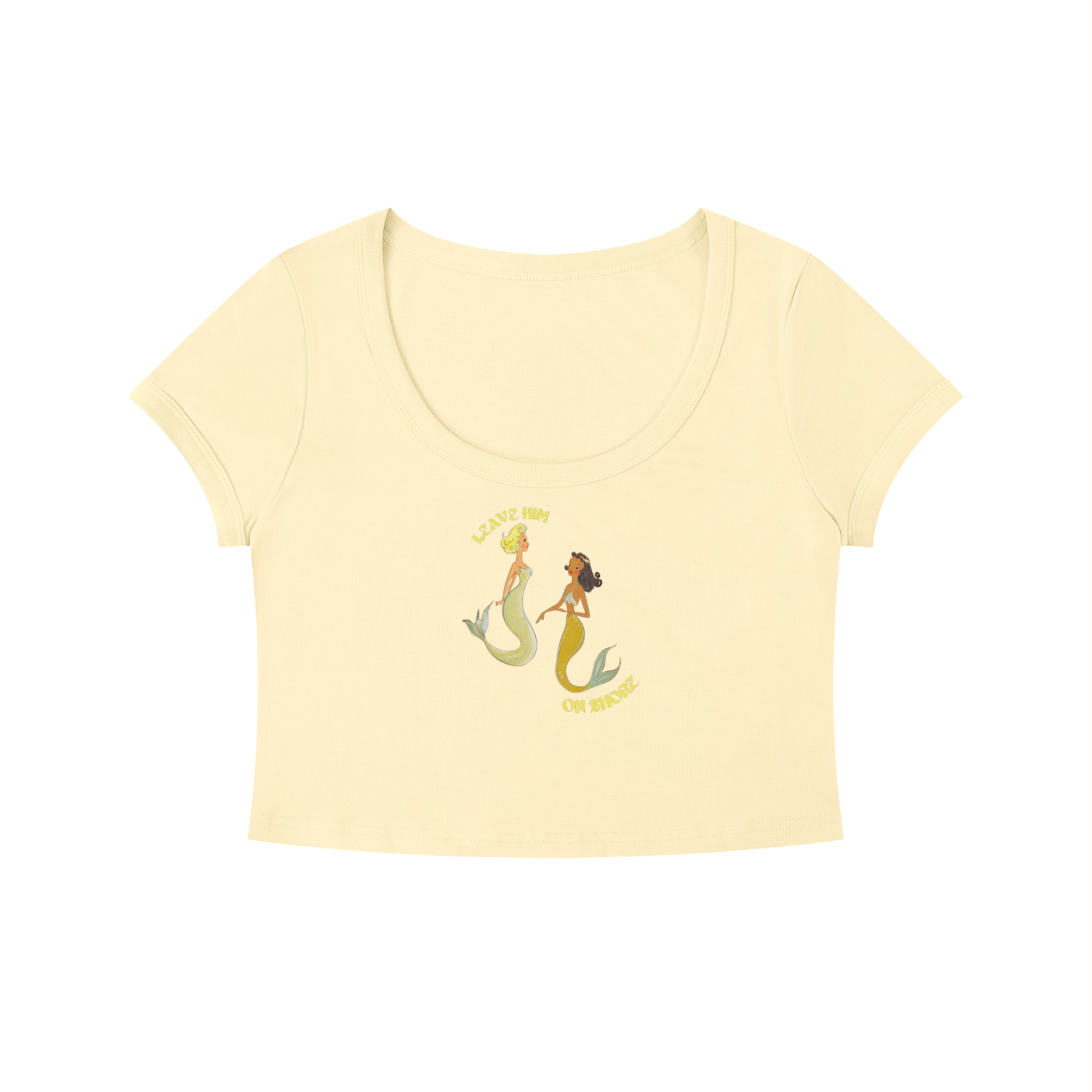 Light yellow t-shirt with mermaid design on a white background