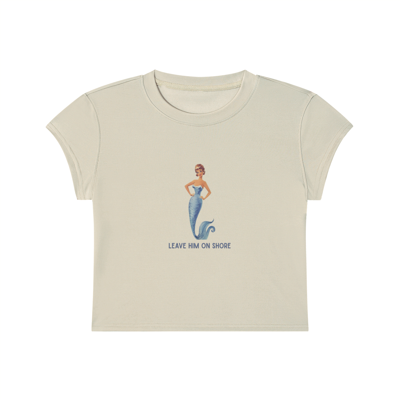 Beige t-shirt with mermaid graphic and text on a white background
