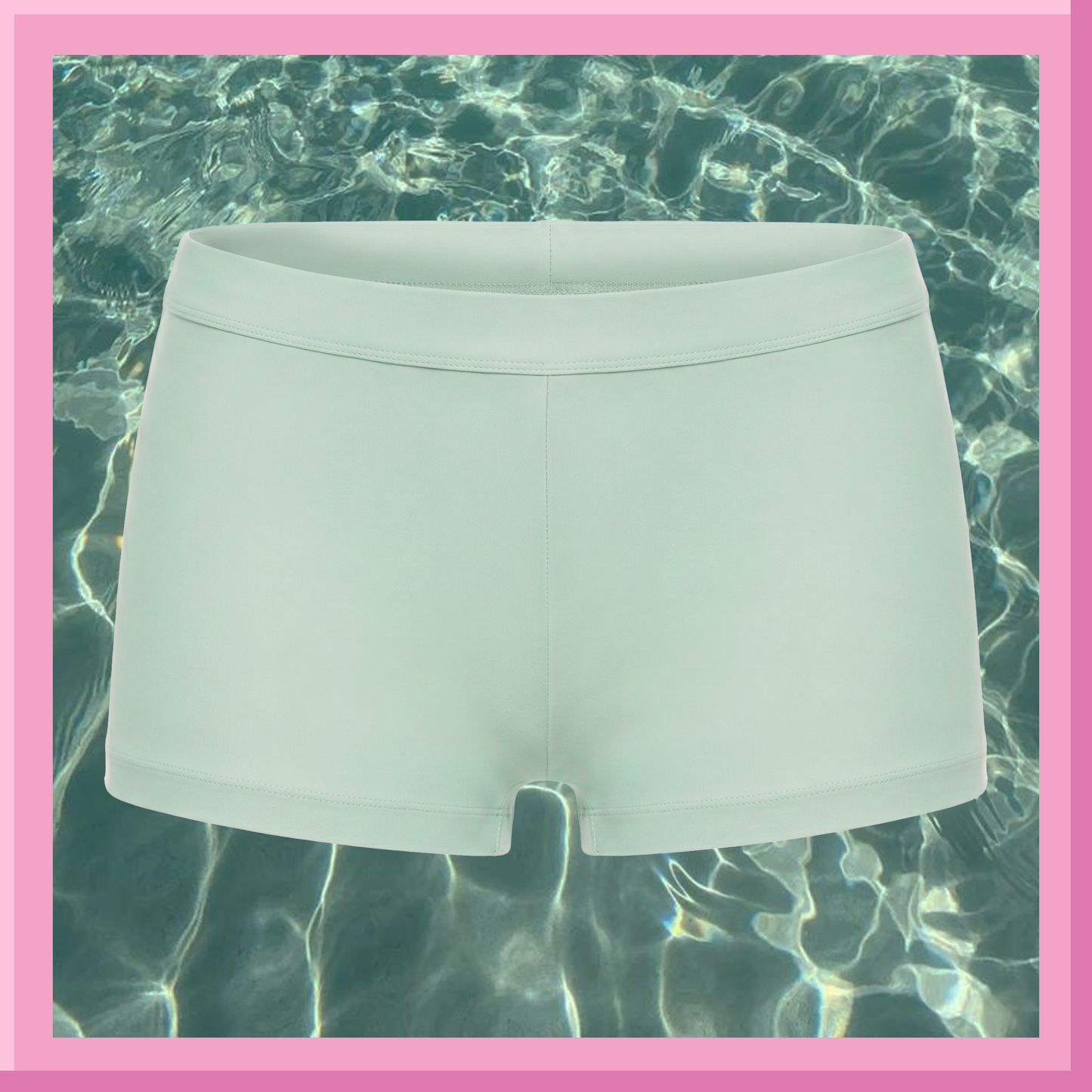 Light blue shorts on a background of clear water with a pink border
