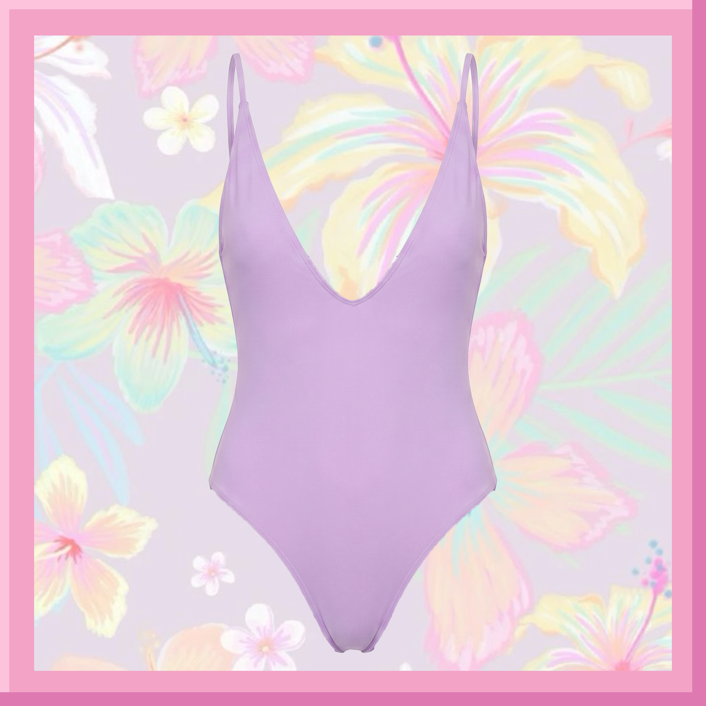 Lavender swimsuit on a pastel floral background