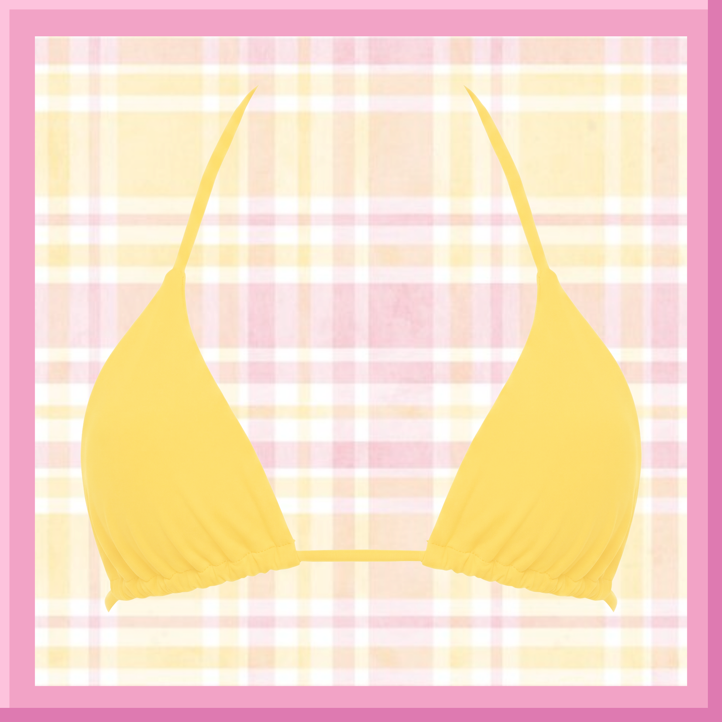 Yellow bikini top on a pink and white plaid background