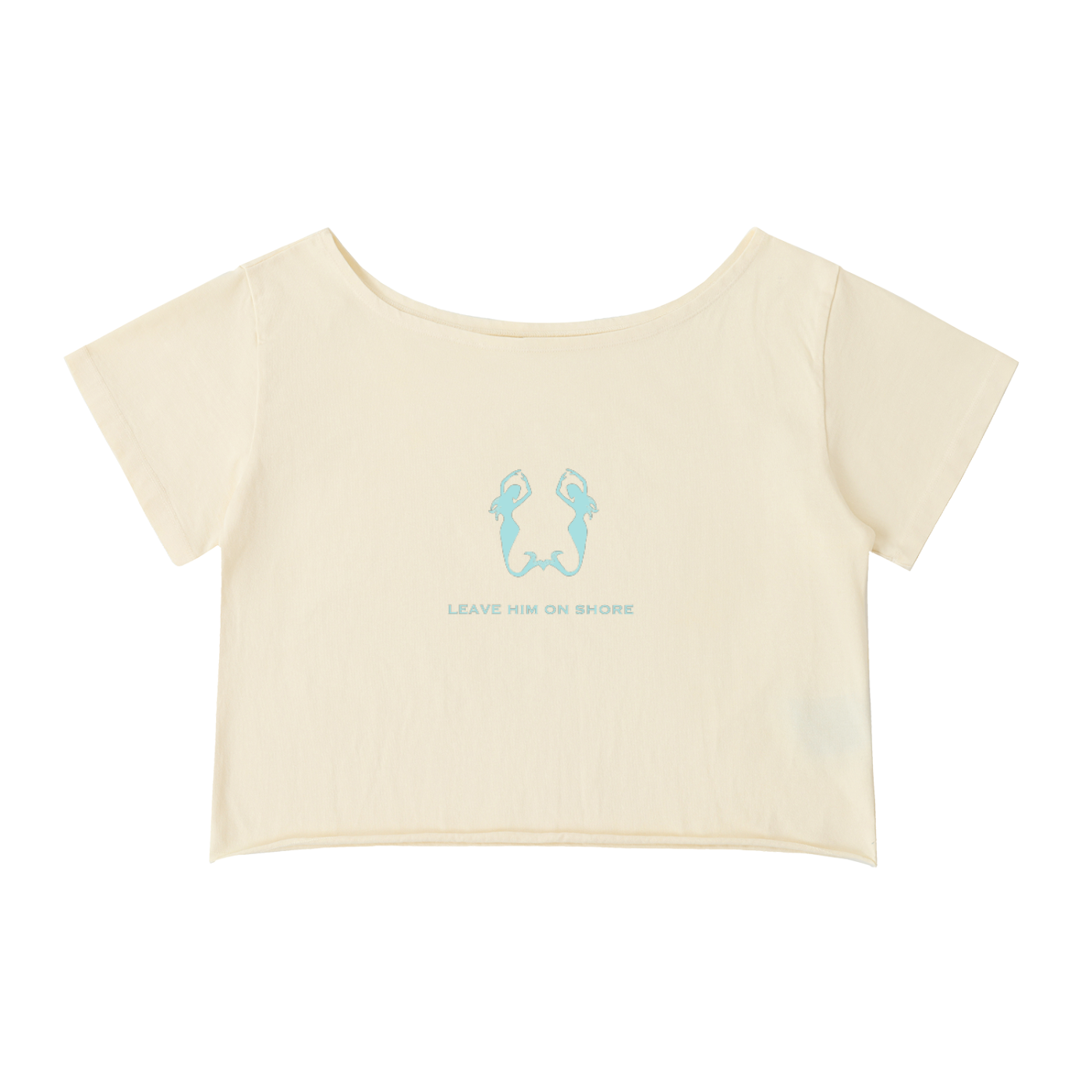 Beige crop top with blue graphic and text on a white background